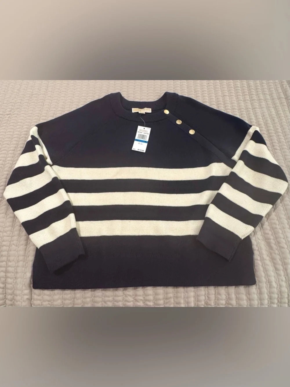 Michael Kors Navy White‎ Striped Sweater XL NWT Gold Button Shoulder Coastal